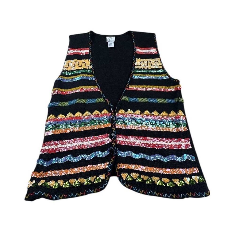 Gantos Womens Black Beaded Knit Sweater Vest Sz M Vintage 80s Bohemian READ